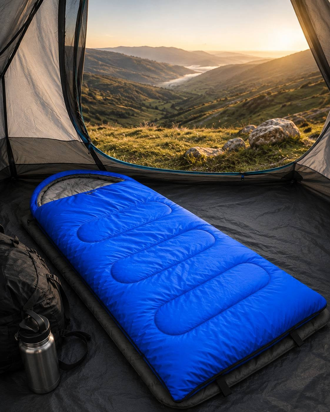 View from inside a tent showing a blue sleeping bag laid out on a mat, with a black backpack and metal water bottle beside it, looking out at a mountain landscape during sunrise.