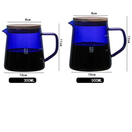 Two blue glass pitchers with wooden lids and measurements on a white background