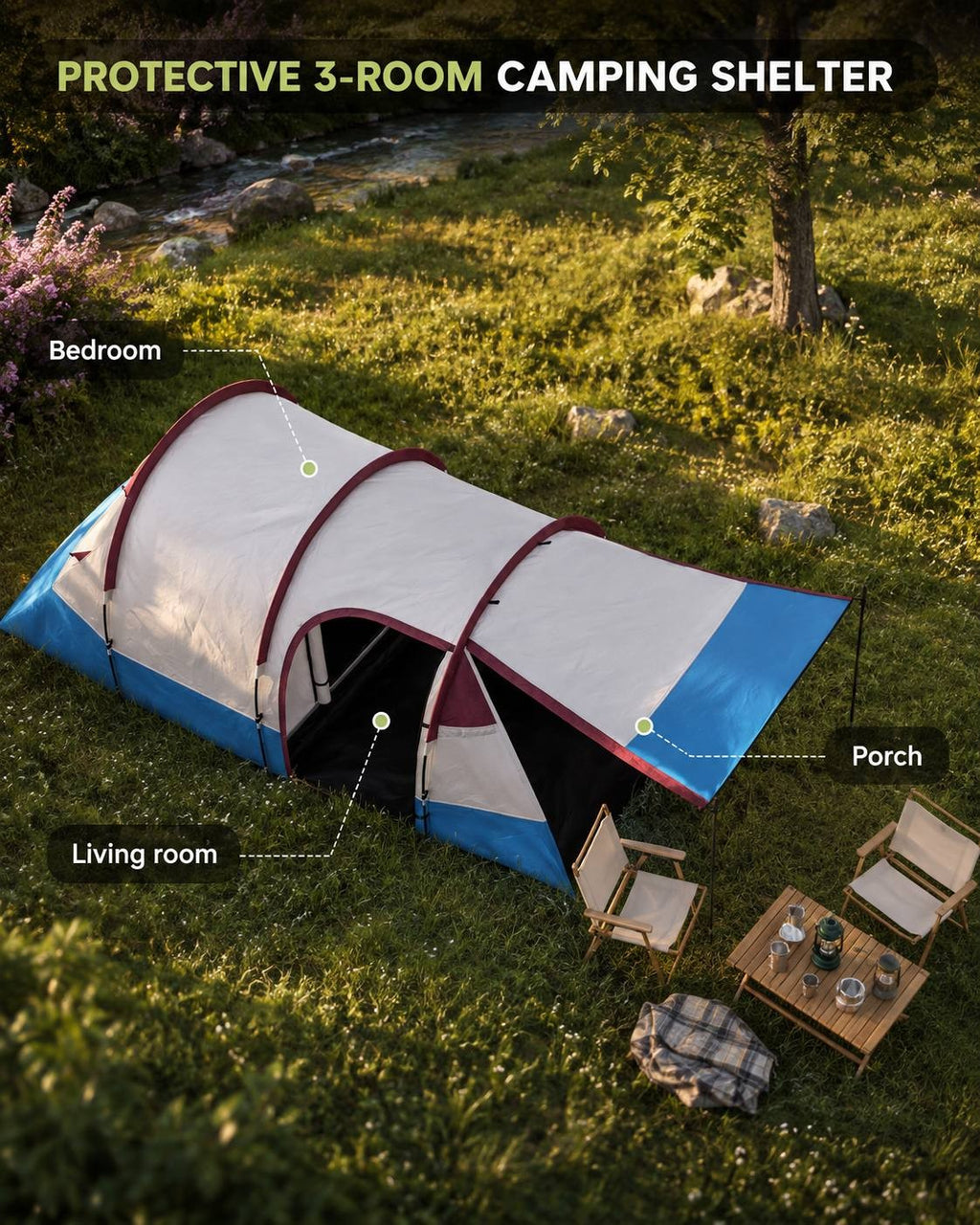 High-angle infographic highlighting the bedroom, living room, and porch layout of a protective 3-room camping shelter.