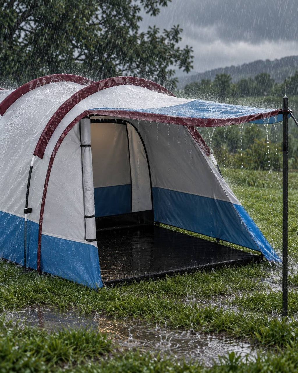 Front canopy and entrance of a blue, white, and burgundy camping tent under heavy rainfall in a rural field.
