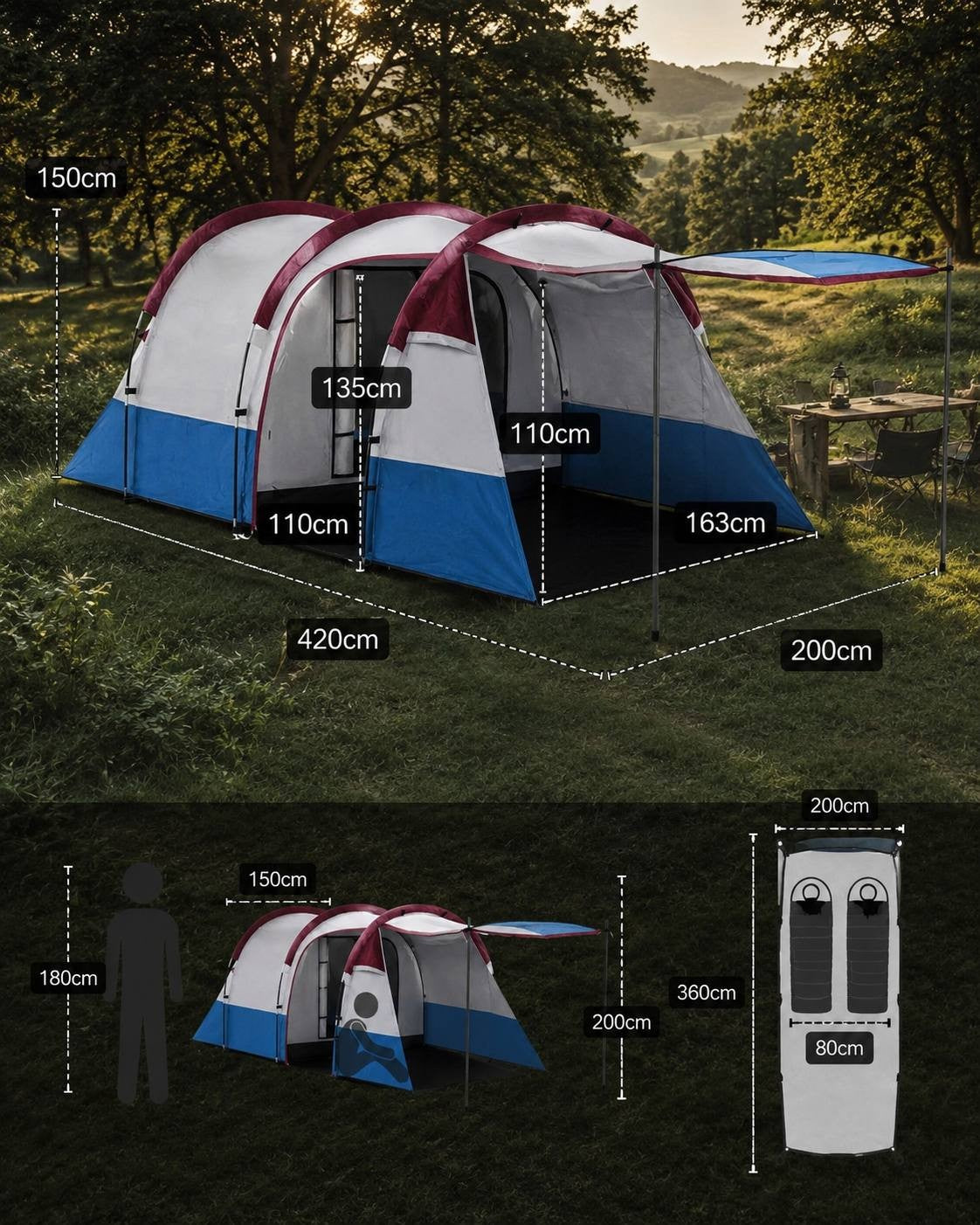 Infographic showing the technical dimensions, height, length, and sleeping compartment layout of a blue, white, and burgundy camping tent.