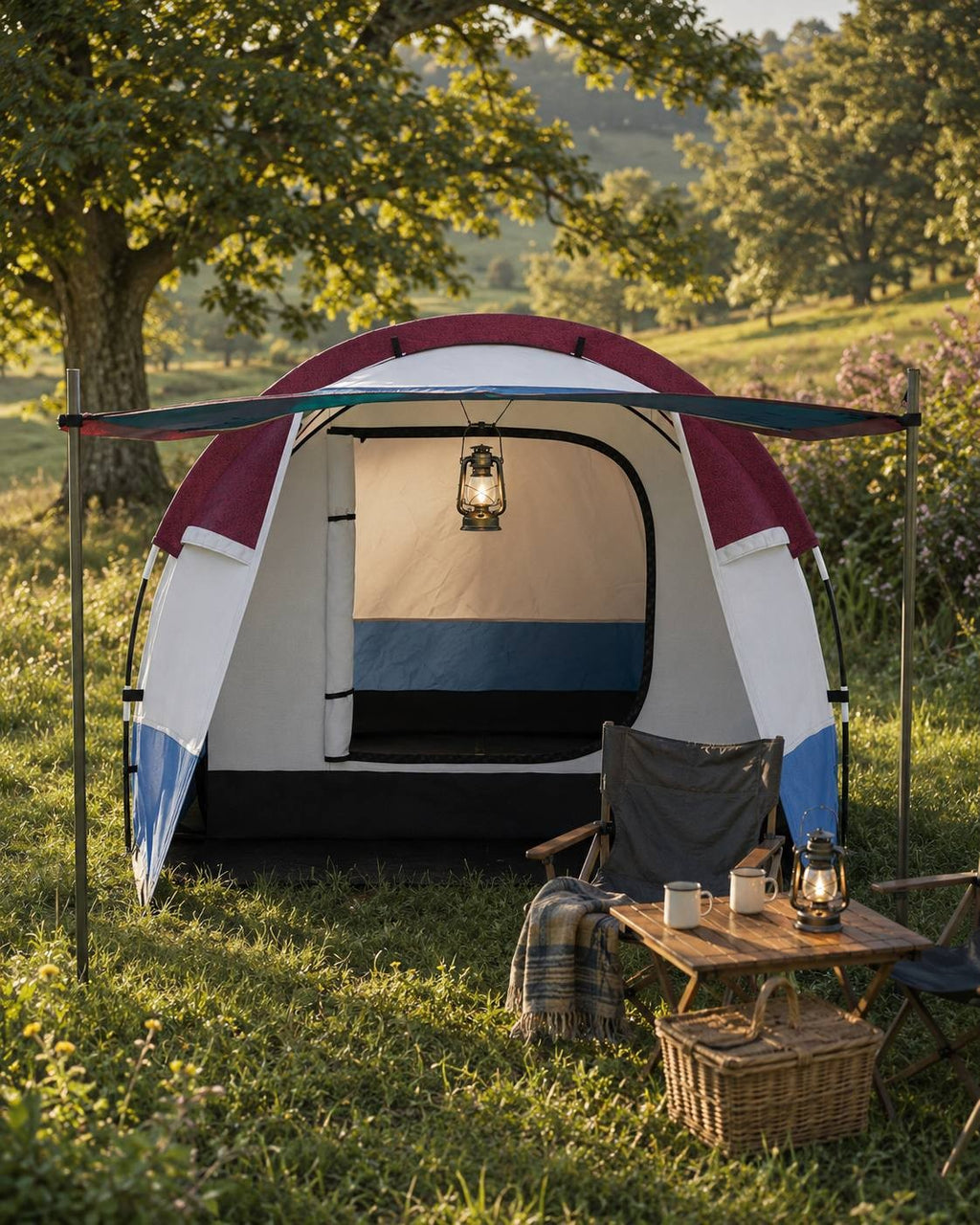 Front view of a blue, white, and burgundy camping tent with an extended canopy and a hanging lantern inside, next to a camping table and chairs.