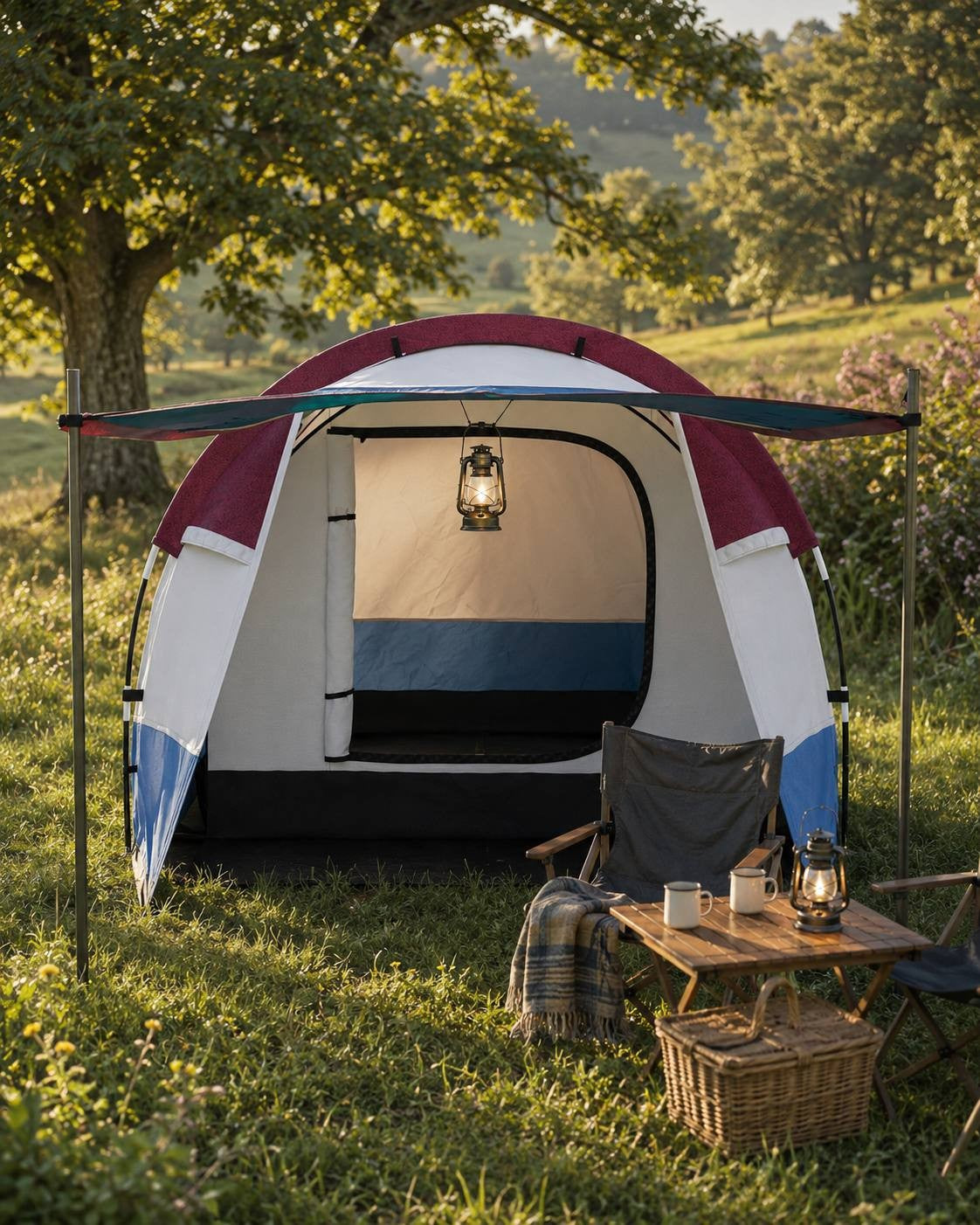 Front view of a blue, white, and burgundy camping tent with an extended canopy and a hanging lantern inside, next to a camping table and chairs.