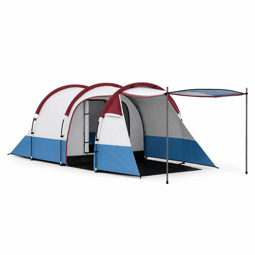 3D render of a blue, white, and burgundy camping tent with an open front canopy against a clean white background.