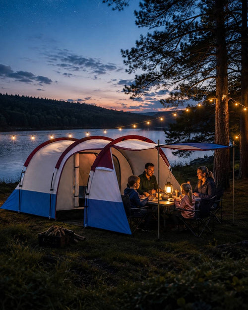Family having dinner at a table illuminated by string lights next to a blue, white, and burgundy camping tent by a lake at dusk.
