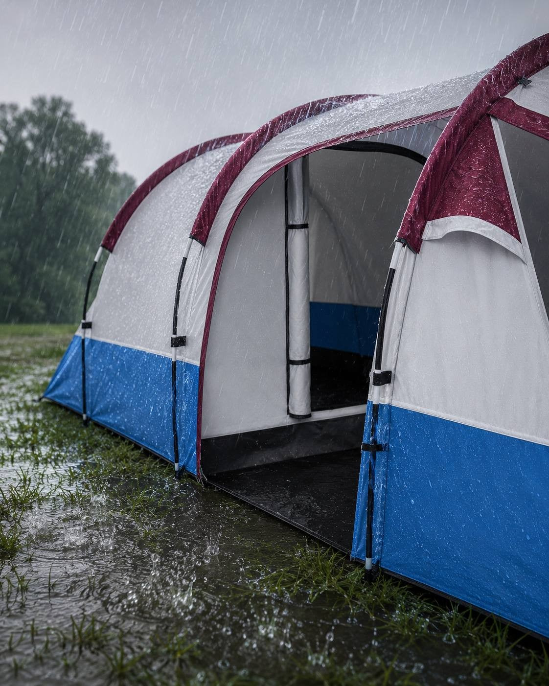 Close-up view of the entrance of a blue, white, and burgundy camping tent pitched on wet grass during heavy rain.