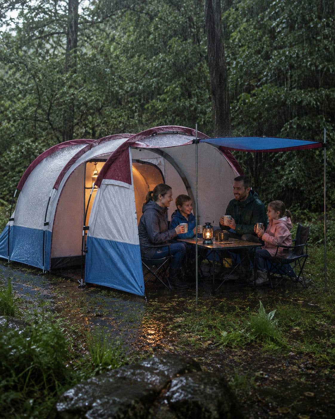 Family sitting at a table inside a blue, white, and burgundy camping tent having dinner during heavy rain in a forest.