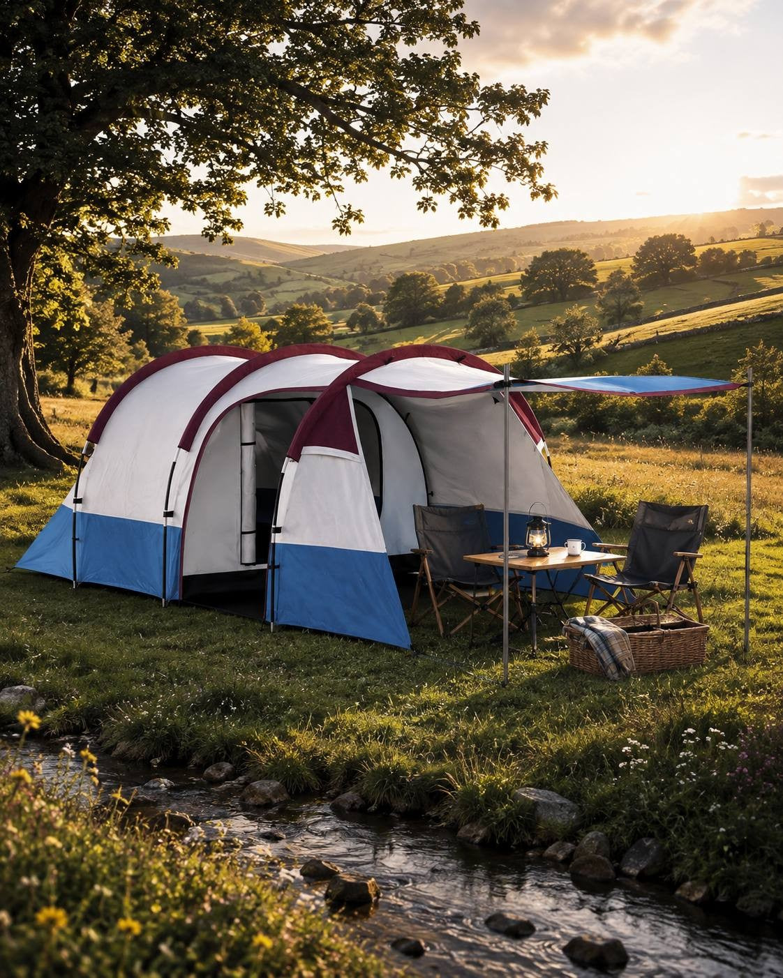 Camping setup with a table, chairs, and a picnic basket next to a blue, white, and burgundy tent near a small stream in a scenic valley at sunset.