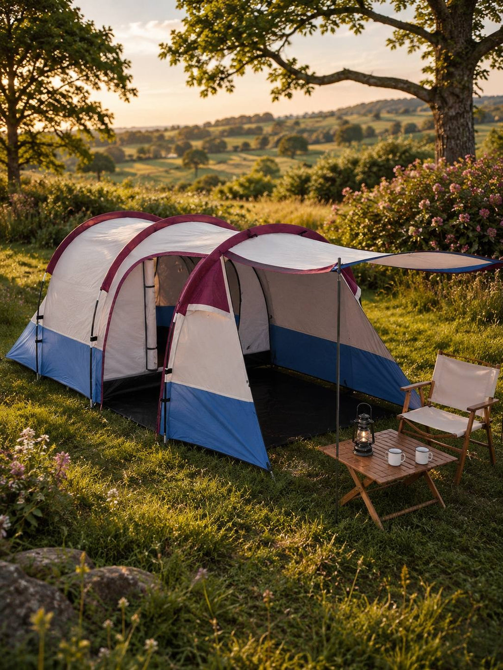 Blue, white, and burgundy camping tent set up on a grassy meadow with a wooden table, chairs, and lantern during sunset.