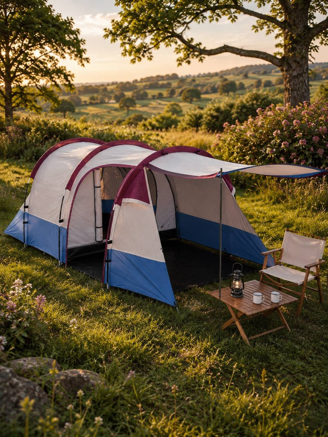Blue, white, and burgundy camping tent set up on a grassy meadow with a wooden table, chairs, and lantern during sunset.
