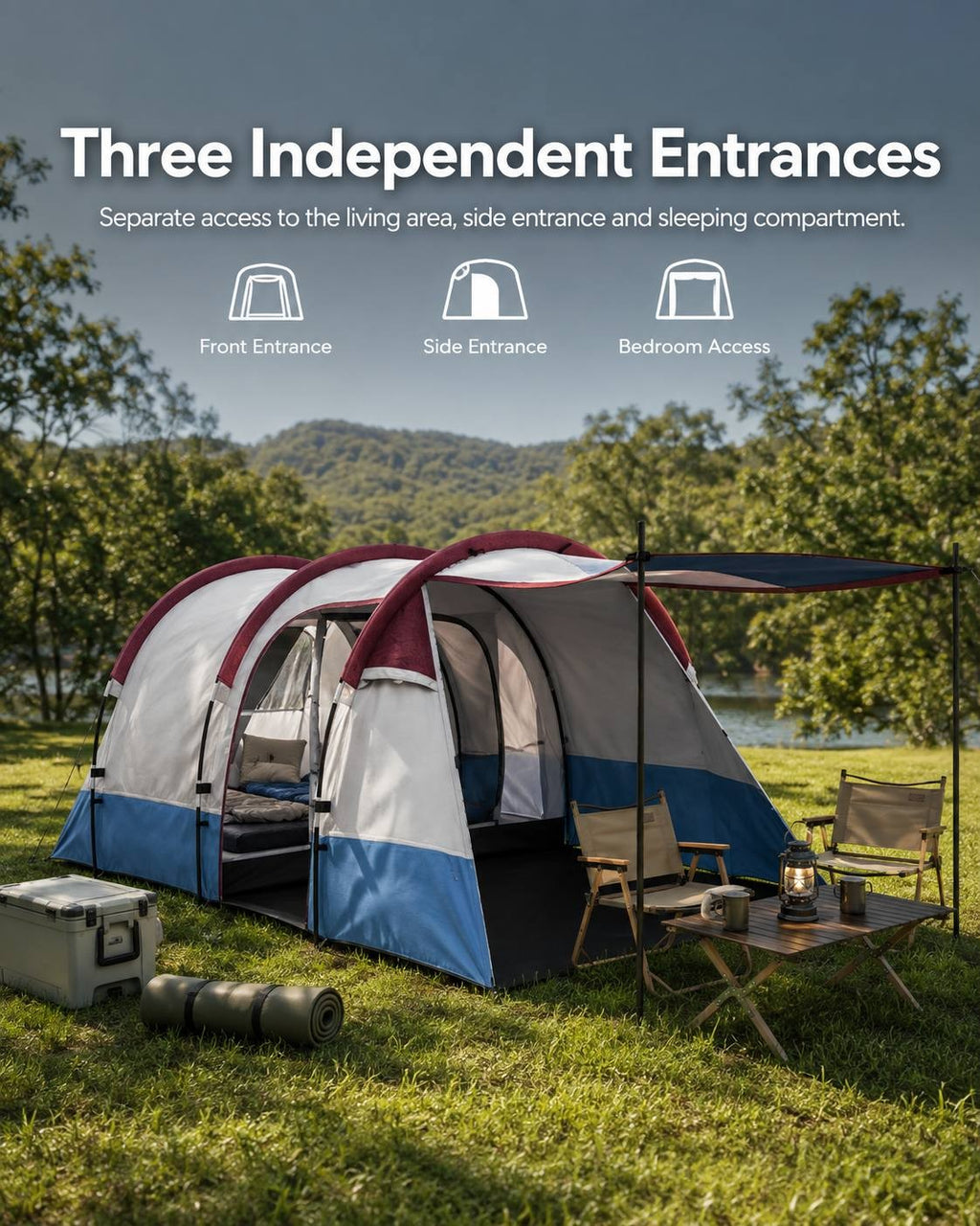 Infographic detailing three independent entrances for the front, side, and bedroom access of a camping tent set up in a sunny meadow.