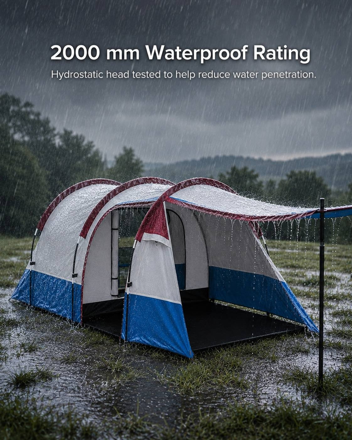 Waterproof rating infographic showing 2000 mm hydrostatic head testing for a blue, white, and burgundy camping tent in the rain.