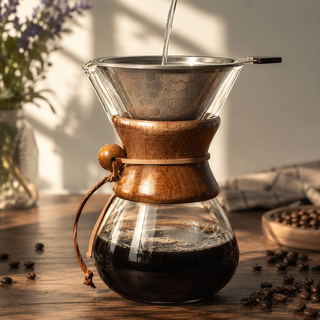 Borosilicate glass coffee decanter with-stainless steel filter.