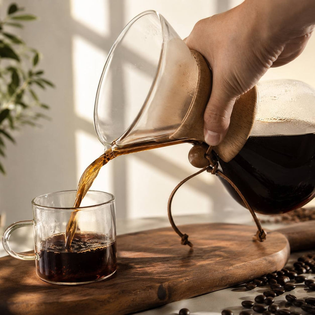 Borosilicate glass coffee maker wood neck dripper.