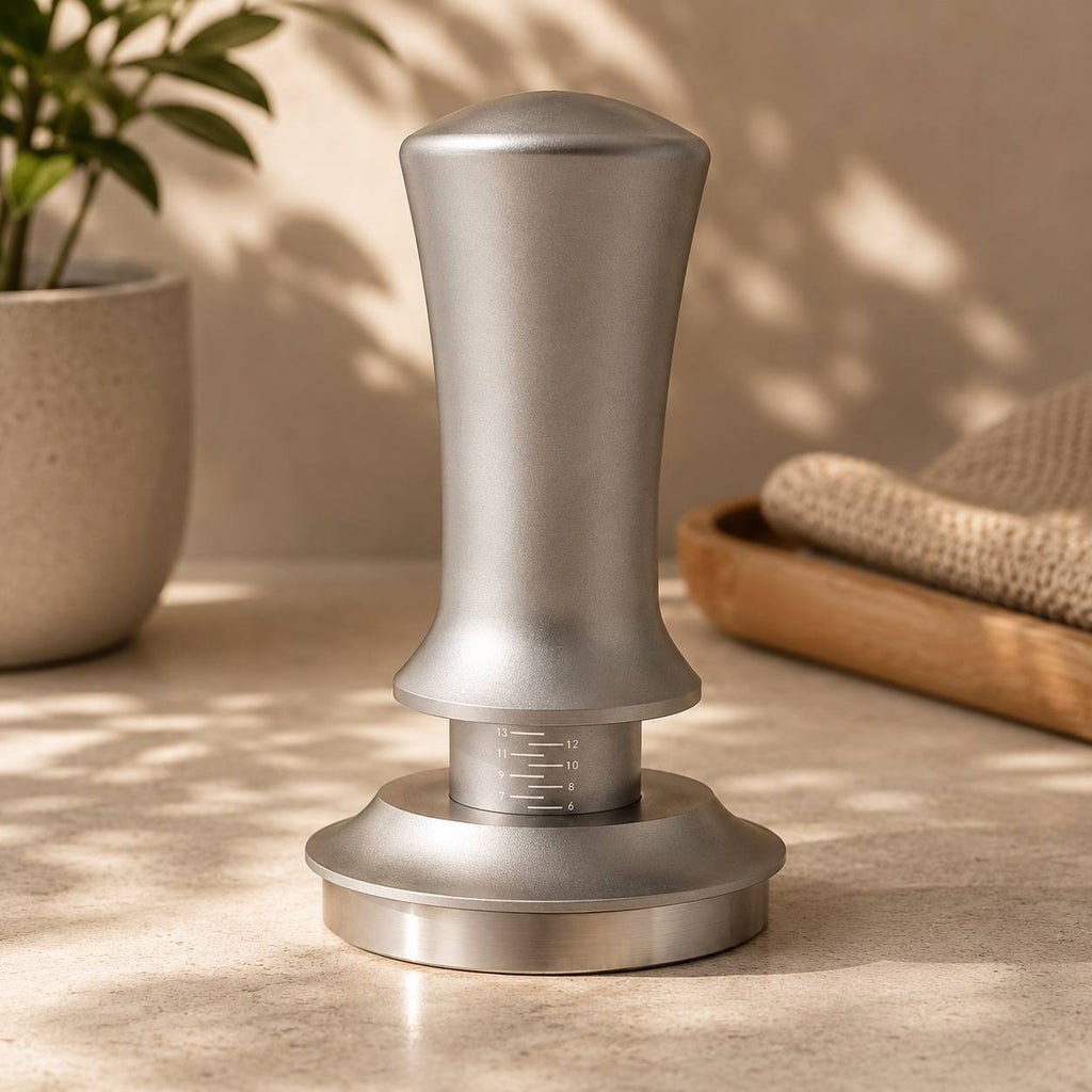 Calibrated silver spring-loaded coffee tamper with a stainless steel flat base and an internal measurement scale on a beige counter.
