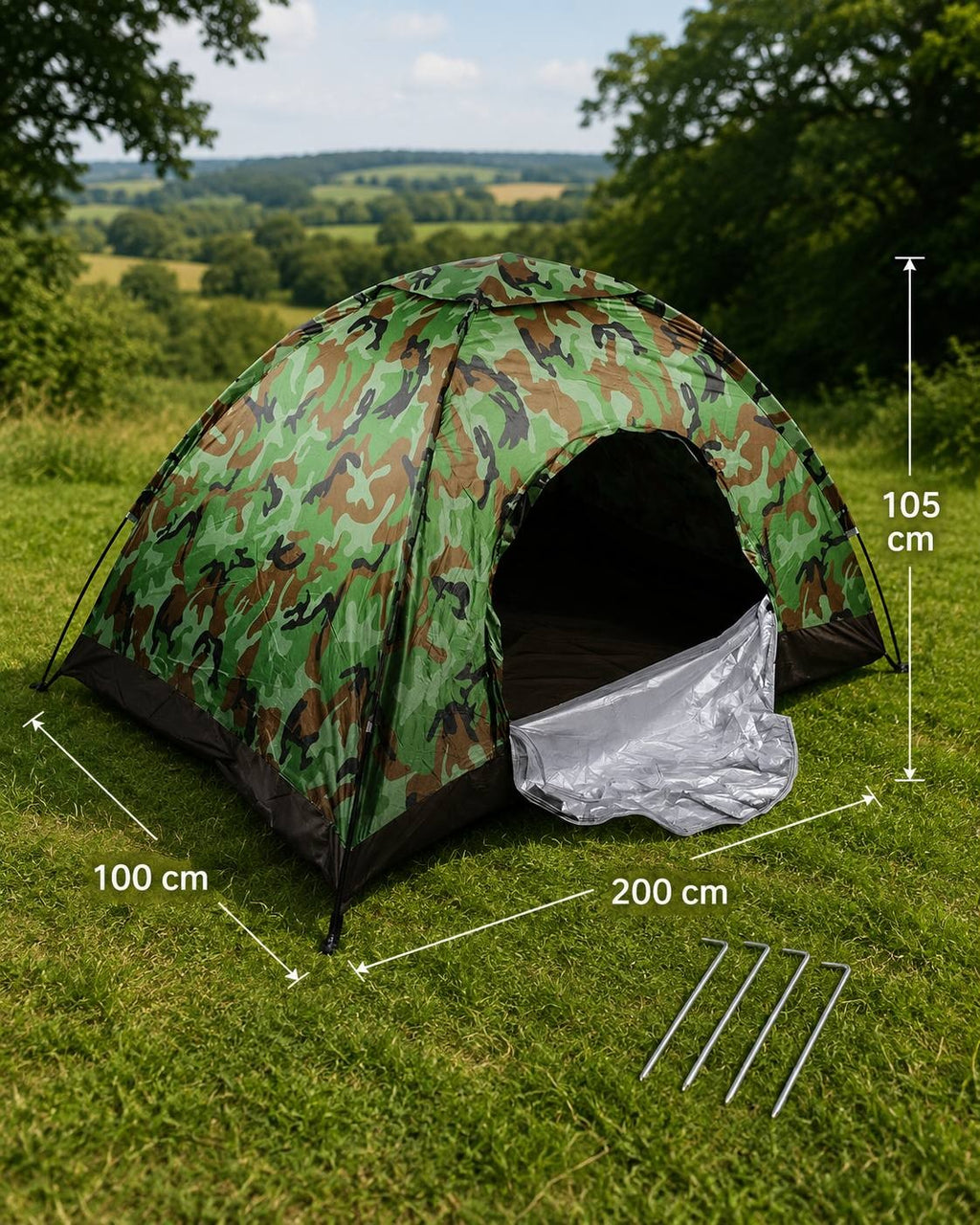 Infographic showing the dimensions of a camouflage camping tent: 200 cm length, 100 cm width, and 105 cm height, displayed alongside metal ground stakes on grass.