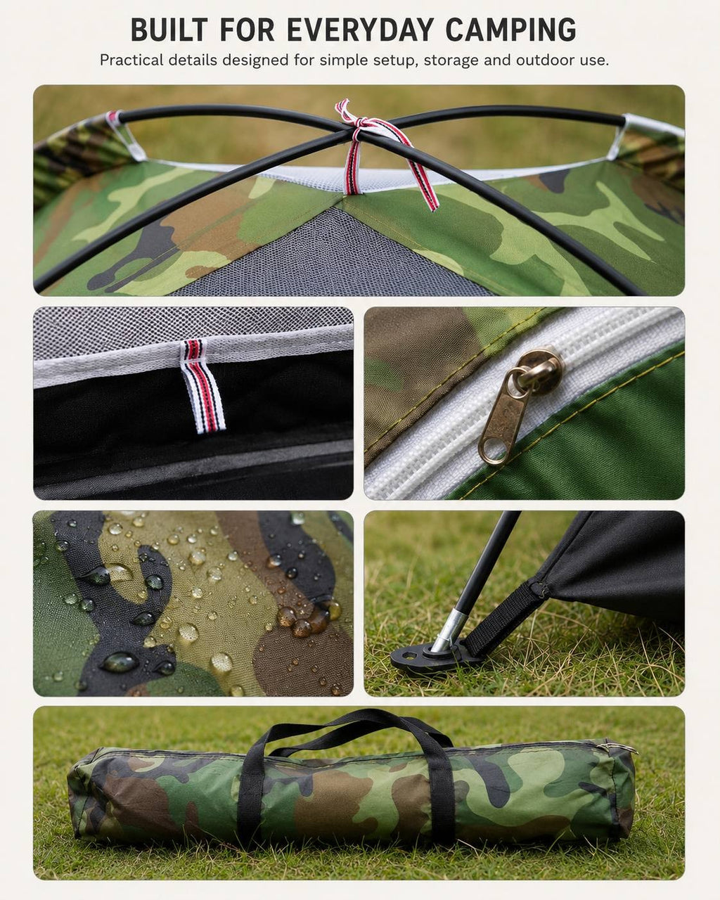 Grid of practical details for the camouflage camping tent, featuring top pole crossing, ventilation mesh, secure zipper, waterproof fabric with water droplets, corner stake attachment, and packed carrying bag.