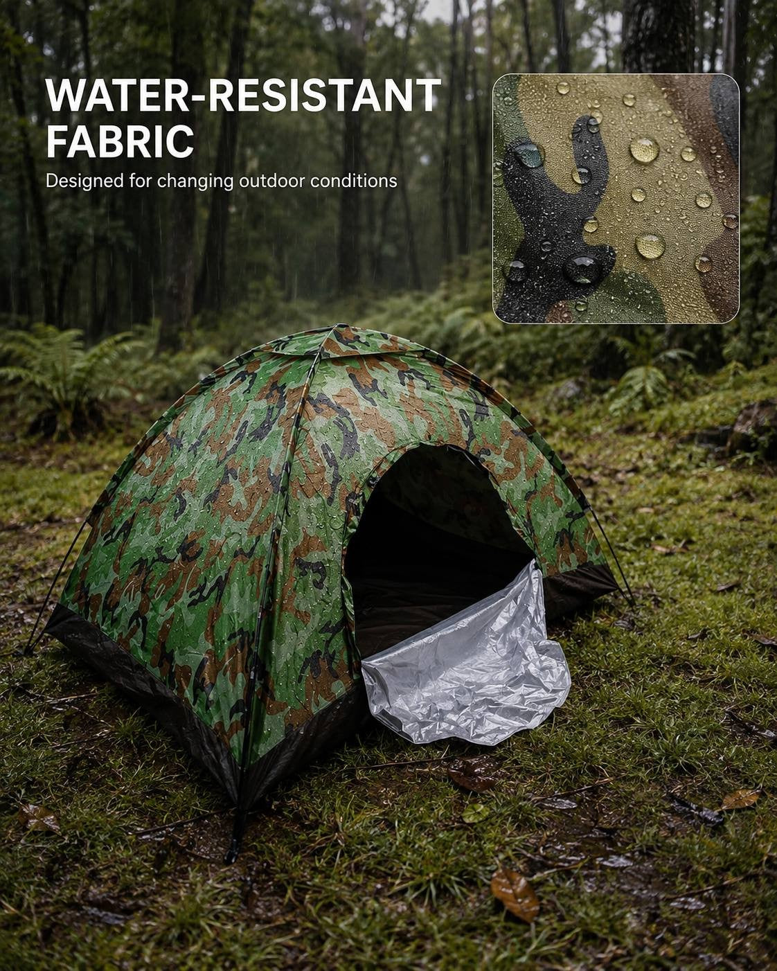 A camouflage camping tent set up outdoors in a rainy forest, featuring a close-up inset highlighting water droplets on the water-resistant fabric.