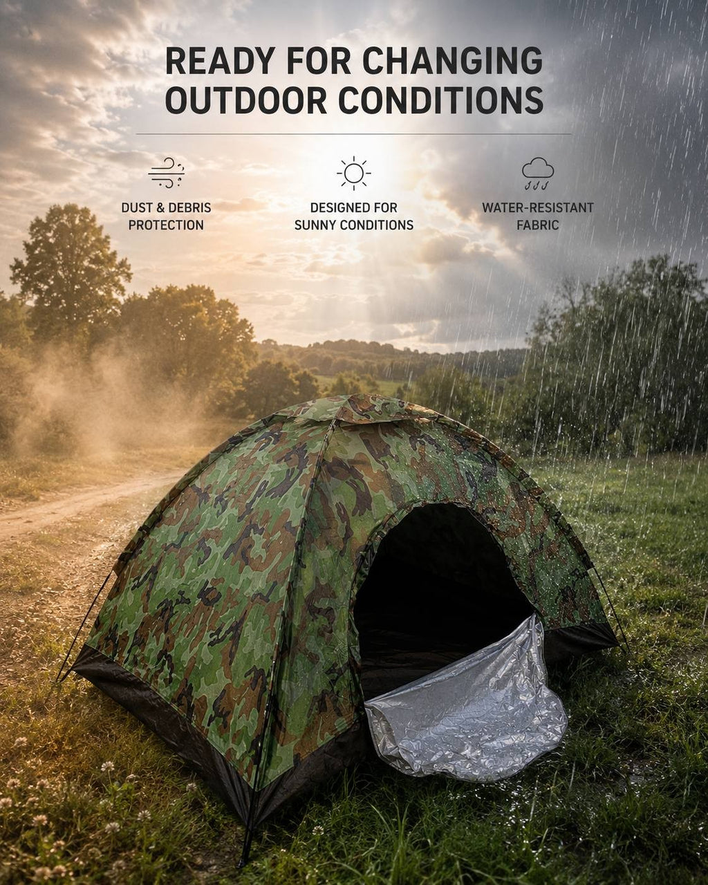 Infographic for the camouflage tent displaying features for changing outdoor conditions: dust and debris protection, design for sunny conditions, and water-resistant fabric.