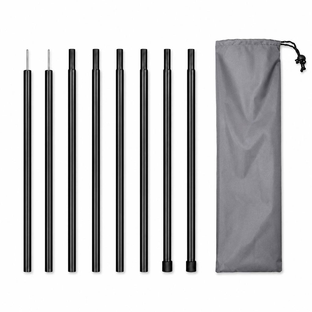 A complete set of black metal camping canopy poles laid out flat next to a grey drawstring storage bag on a white background.