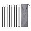 A complete set of black metal camping canopy poles laid out flat next to a grey drawstring storage bag on a white background.