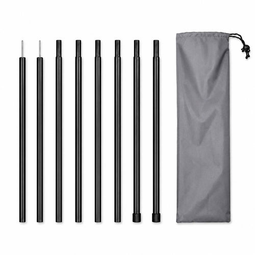 A complete set of black metal camping canopy poles laid out flat next to a grey drawstring storage bag on a white background.