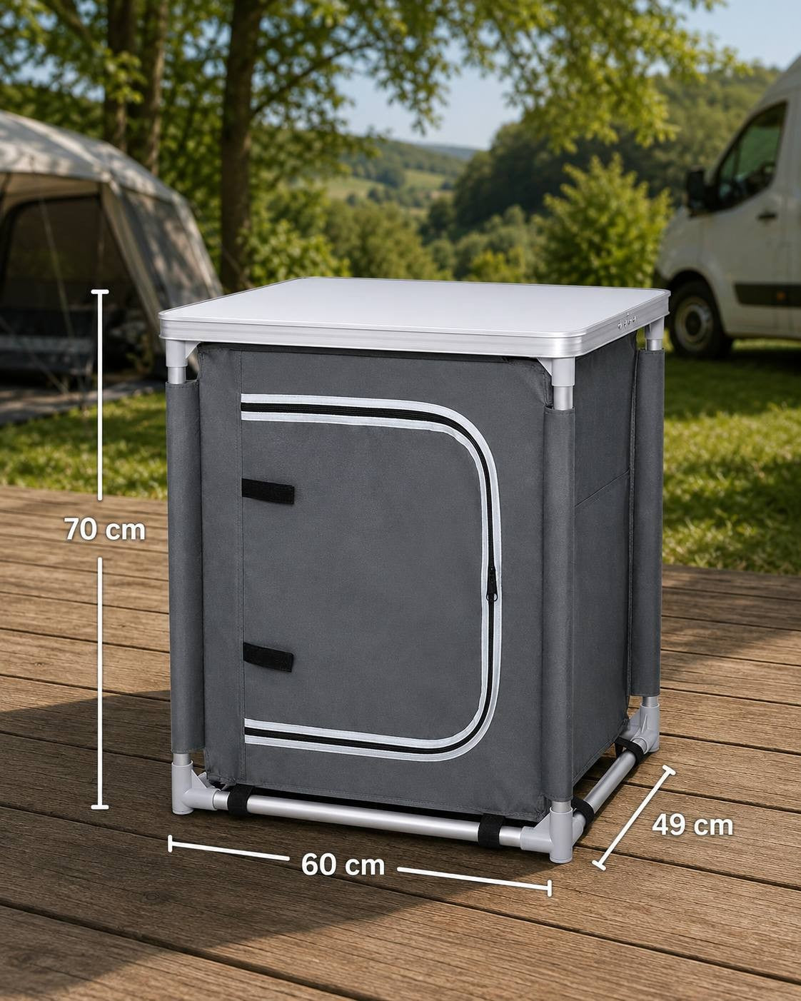 Infographic showing the dimensions of the grey camping kitchen cupboard, indicating a height of 70 cm, width of 60 cm, and depth of 49 cm.
