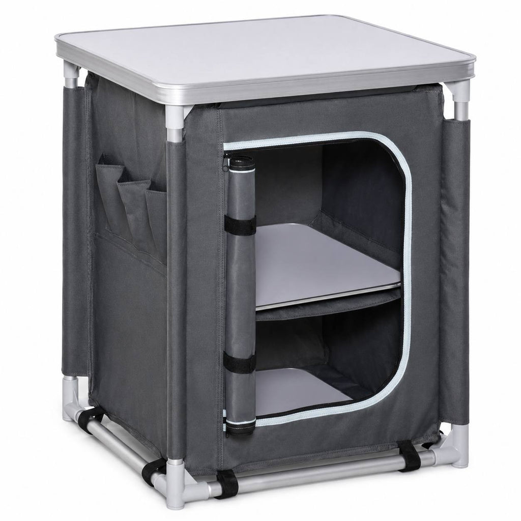 Grey camping kitchen cupboard with aluminum frame and empty inner shelves, shown with the door unzipped and rolled to the side, isolated on a white background.