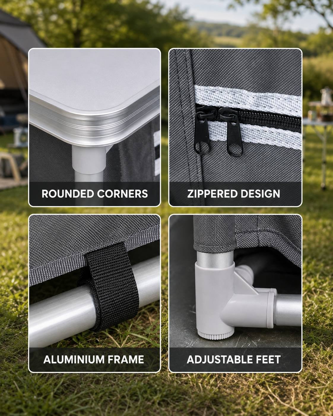 Close-up detail grid showing the rounded corners of the top table, zippered fabric door design, aluminum frame structure, and adjustable feet of a camping cupboard.