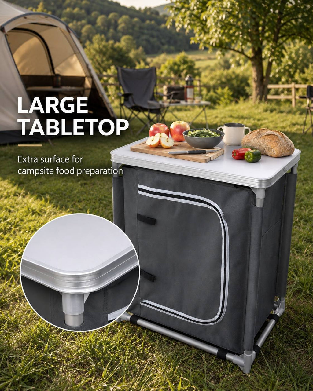 Camping kitchen cupboard with a smooth top surface displaying fresh apples, bread, and a cutting board, set up on a lawn at a campsite.