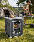Grey camping kitchen cupboard set up on grass near a tent and a person cooking at a table in the background.