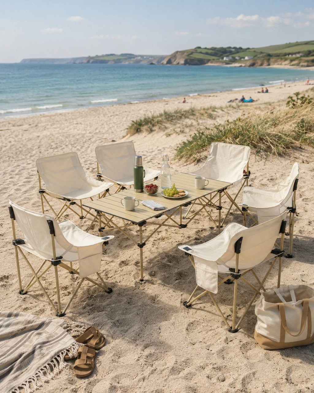 Foldable camping table and six matching chairs set up on a sandy beach overlooking the sea and coastline.