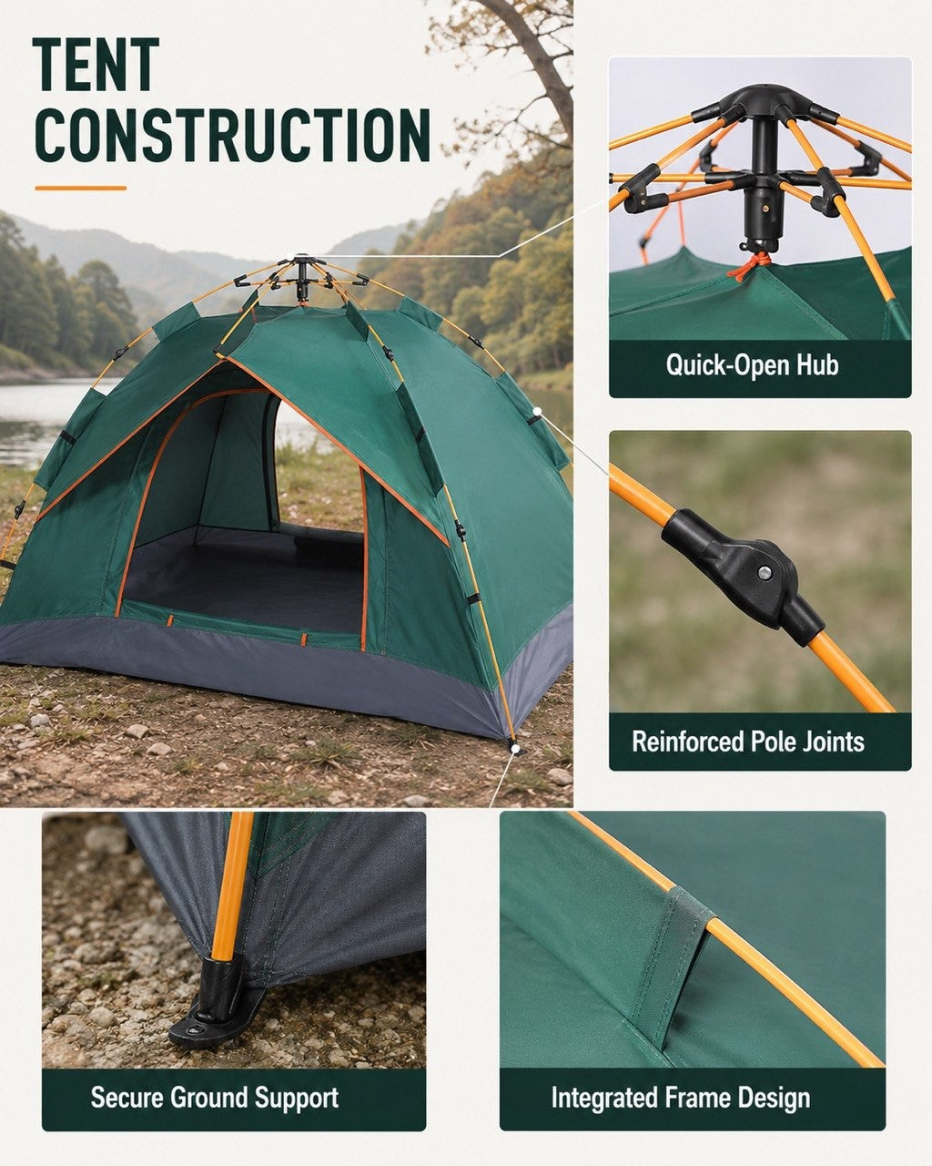 Detailed breakdown of the tent construction highlighting the quick-open hub, reinforced pole joints, secure ground support feet, and integrated frame design