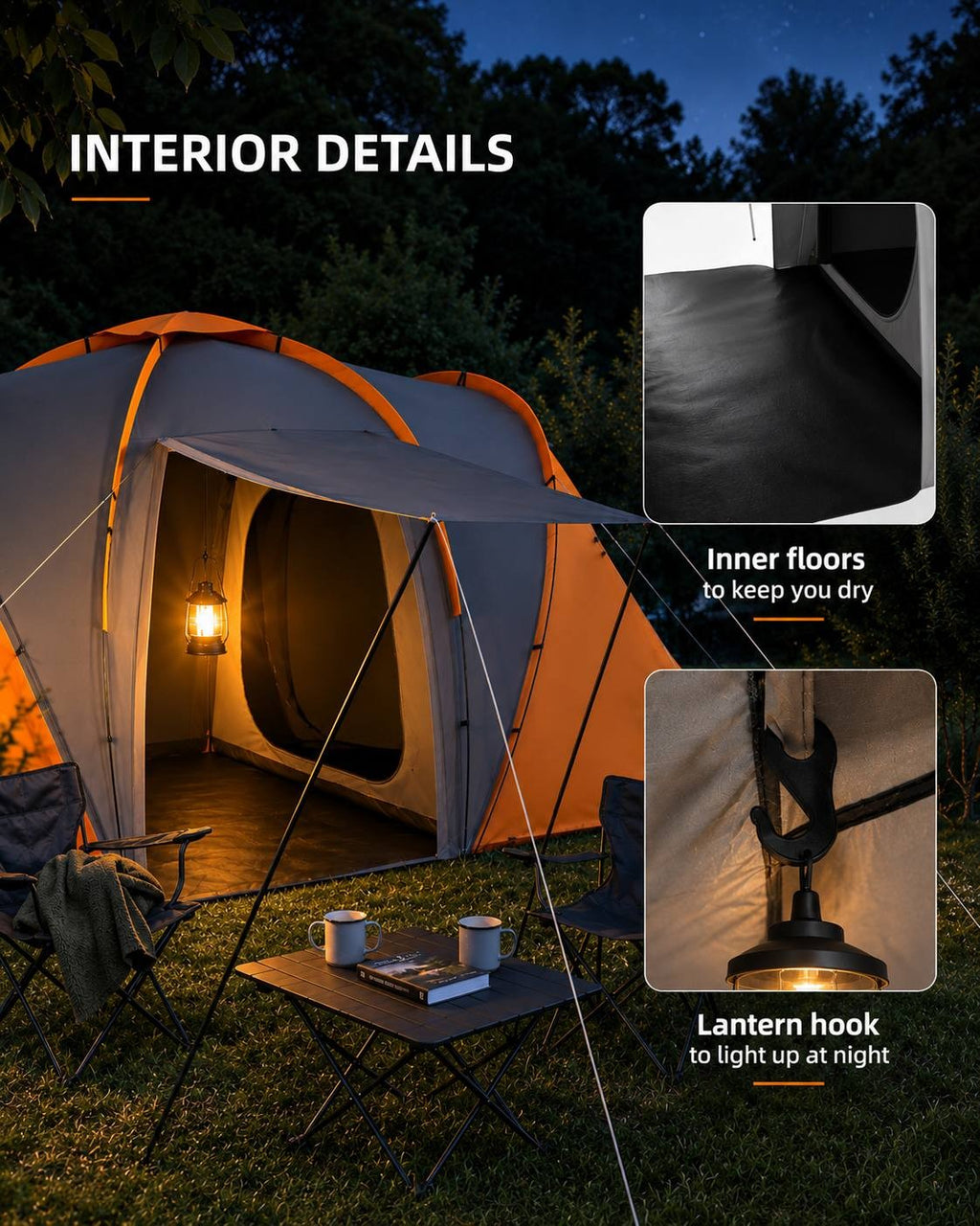 Close-up views of a camping tent's interior details, showing the waterproof black inner floor and a black plastic lantern hook hanging from the ceiling.