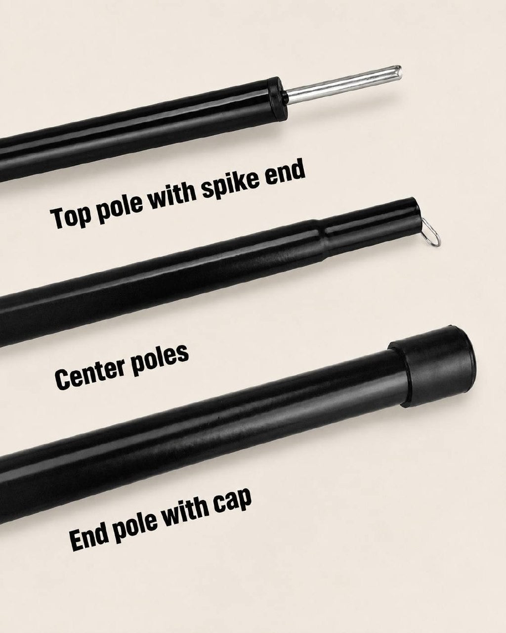 Close-up detail view of camping pole parts labeled as top pole with spike end, center poles, and end pole with a rubber cap.