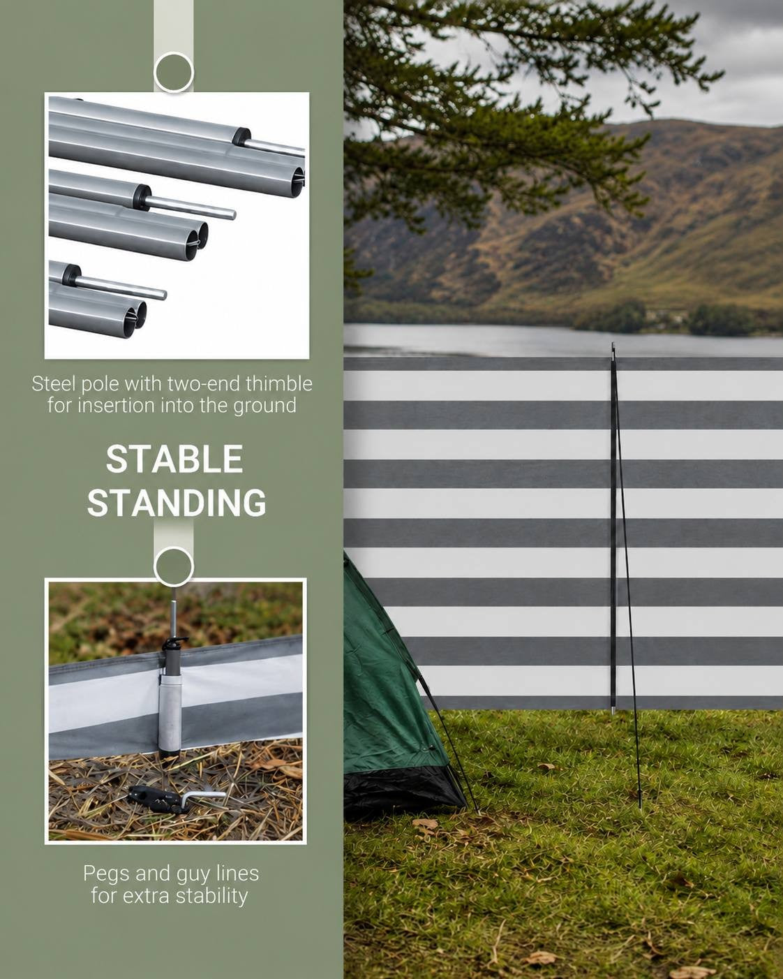 Infographic detailing the stable structure of a camping windbreak, featuring steel poles with insertion thimbles, ground pegs, and guy lines for extra stability.