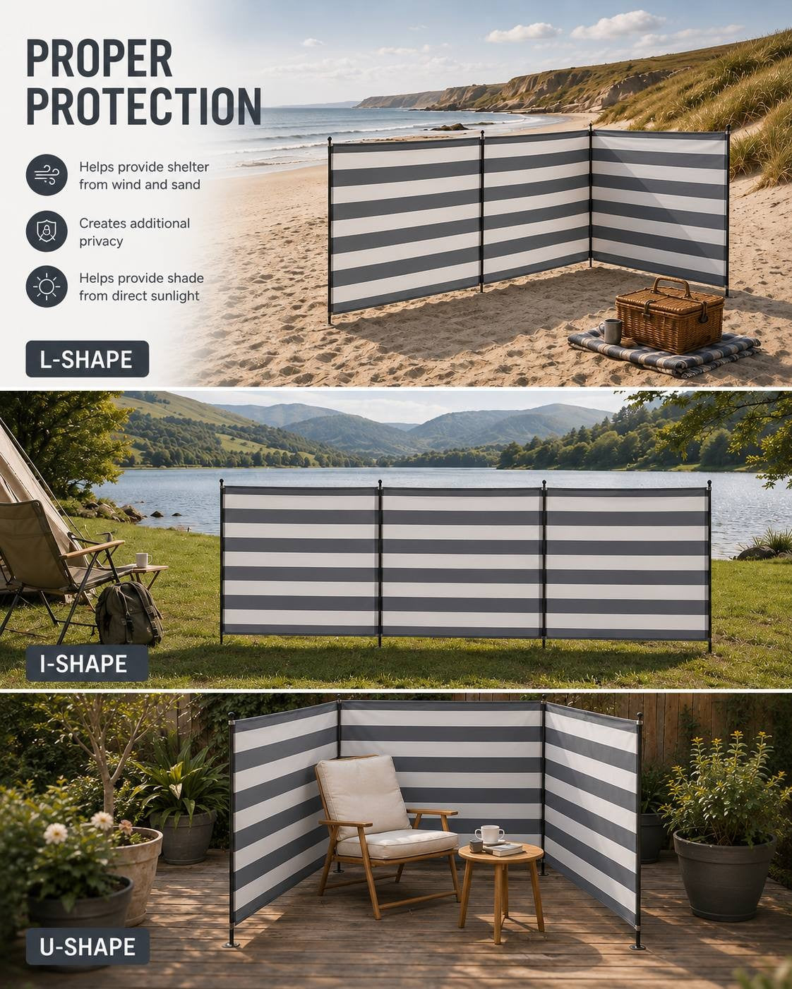Infographic displaying proper protection features and three possible setup configurations for a camping windbreak: L-shape on a beach, I-shape by a lake, and U-shape on a wooden deck.
