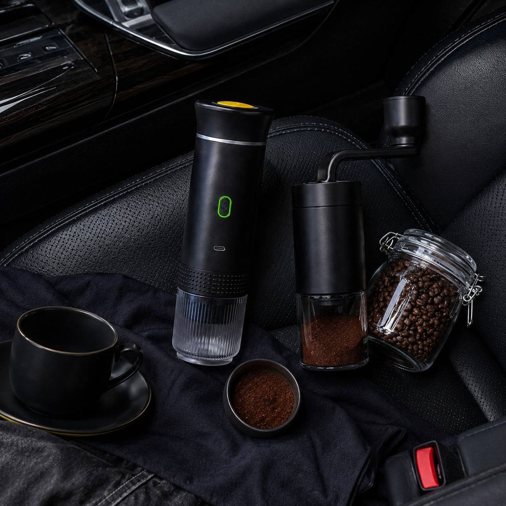 Padded car interior view with a portable electric espresso maker, manual coffee grinder, glass jar with beans, and a black coffee cup.