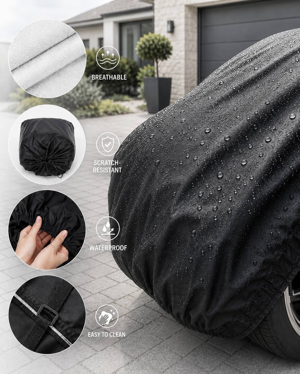 Detailed feature graphic of a black car cover featuring circular inset images highlighting breathable fabric, compact storage bag, elastic hem, and secure strap buckle system.