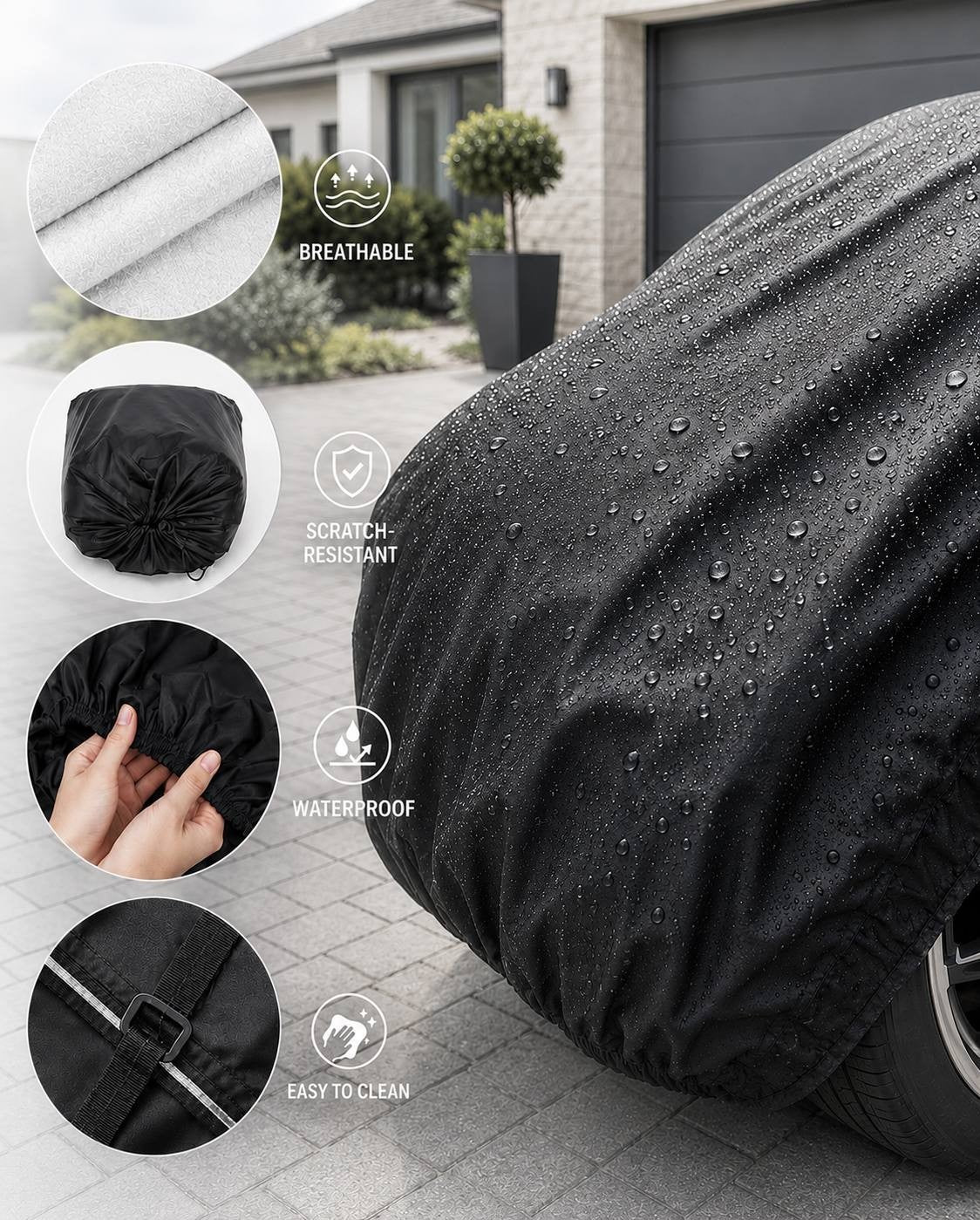 Detailed feature graphic of a black car cover featuring circular inset images highlighting breathable fabric, compact storage bag, elastic hem, and secure strap buckle system.