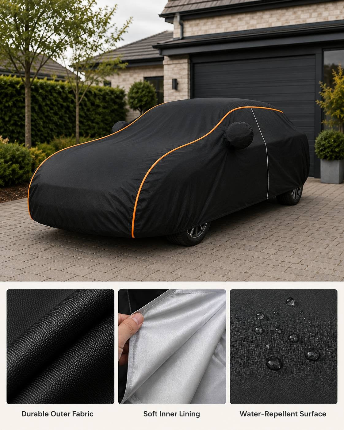 A black car cover parked on a driveway with three inset close-up panels showing the durable outer fabric, soft inner lining, and water-repellent surface.