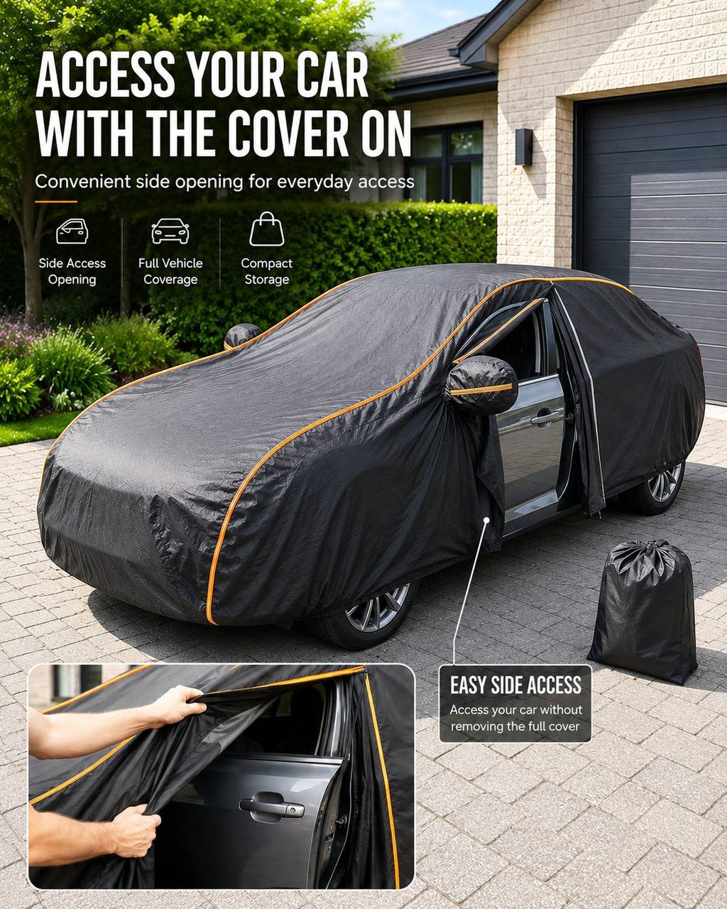 Promotional banner demonstrating the side access zipper of a black car cover, allowing a person to open the car door without removing the full cover.