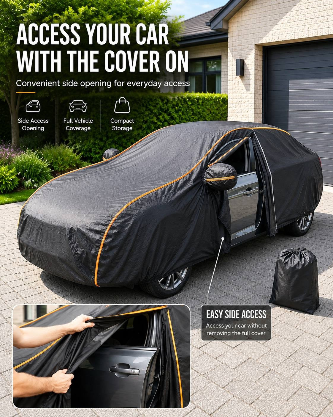 Promotional banner demonstrating the side access zipper of a black car cover, allowing a person to open the car door without removing the full cover.