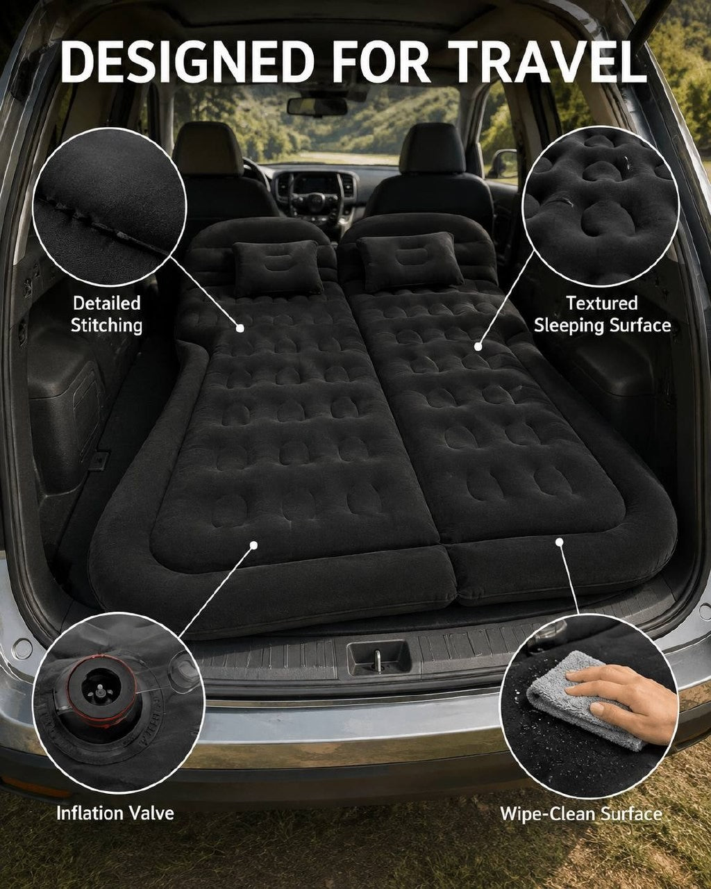 Close-up details of a black inflatable car mattress installed in a vehicle trunk, highlighting detailed stitching, textured sleeping surface, inflation valve, and wipe-clean surface.