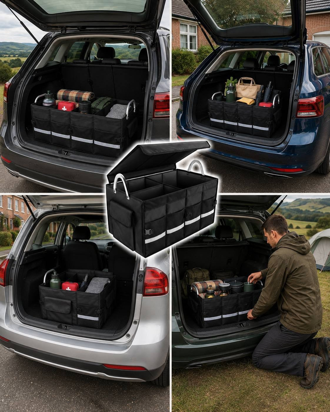 A collage showing a black car boot organiser used across different vehicle trunks and being loaded by a man kneeling next to a car, demonstrating universal fit and everyday utility.