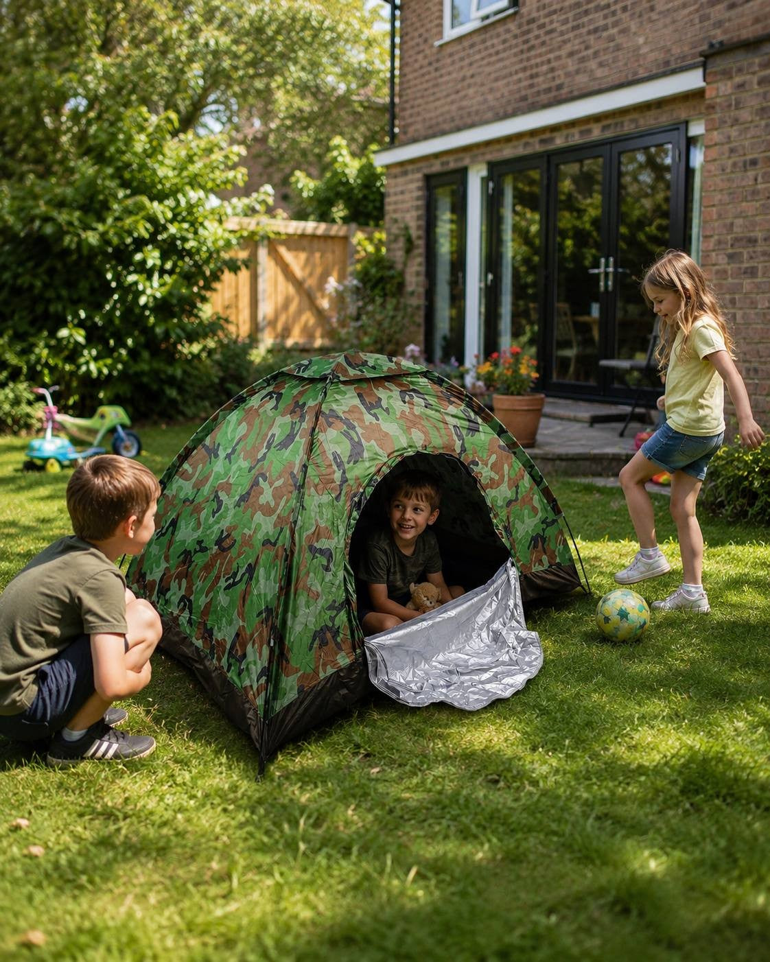 Three children playing on the lawn in a backyard, with a boy sitting inside a camouflage camping tent while others play nearby.