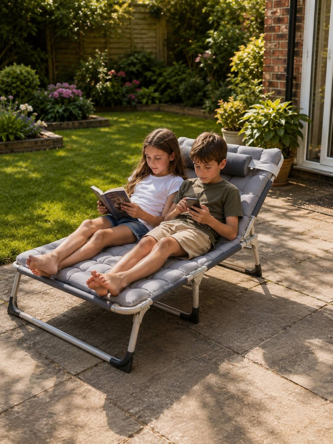 A young boy and girl sitting together on a grey padded folding lounger in a sunny backyard garden, with the girl reading a book and the boy looking at a smartphone.