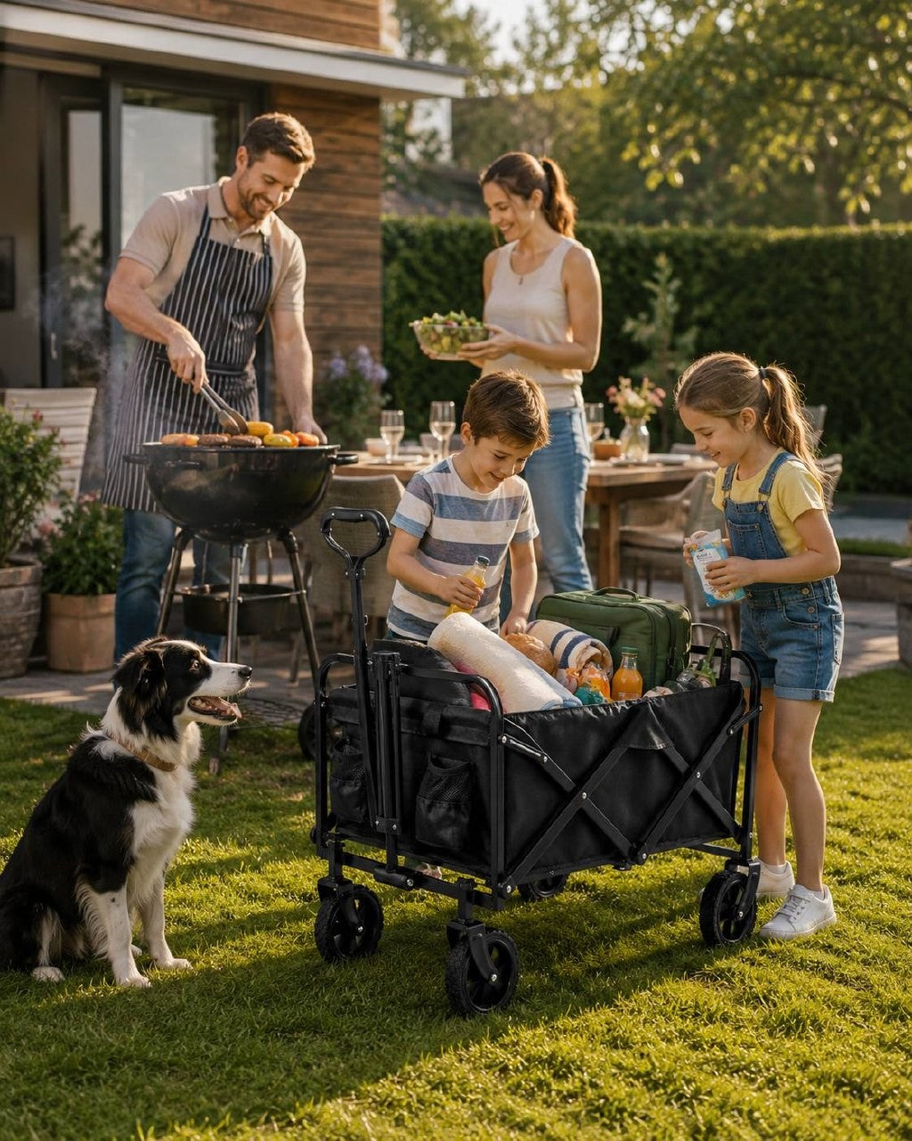 Children taking items out of a black utility wagon during a backyard barbecue while a man grills food and a dog watches.