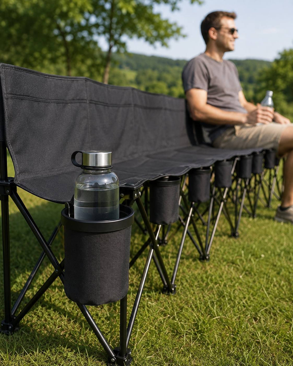 Close-up of a reusable water bottle placed in a fabric cup holder attached to the armrest of a black folding outdoor bench.