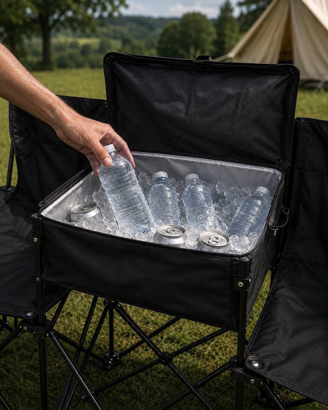 Close-up of an open insulated cooler integrated into the central table of black folding outdoor benches, filled with ice cubes, water bottles, and canned drinks.